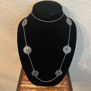 Silver Tone Chain Floral Disk Medallions Long Statement Necklace